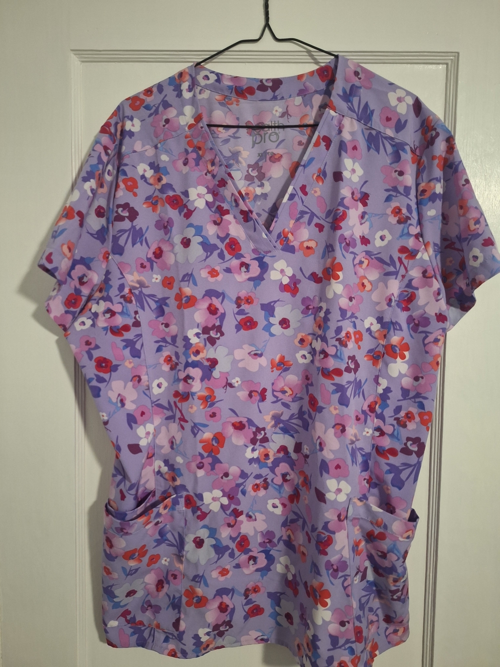 Health Pro Lavender Floral V-Neck Scrub Top